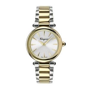 Ferragamo Idillio Two Tone IP Yellow Gold Stainless Steel Silver Guilloché Dial